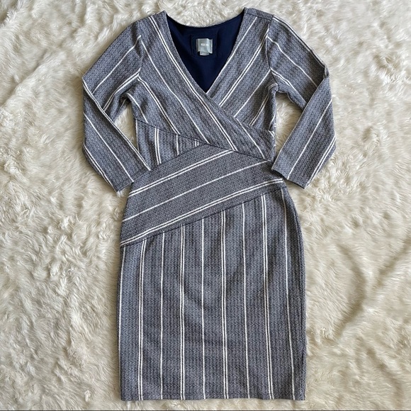 Anthropologie Maeve Dress Wrapped Textured Fitted Stripe Column Blue White S - Picture 5 of 13